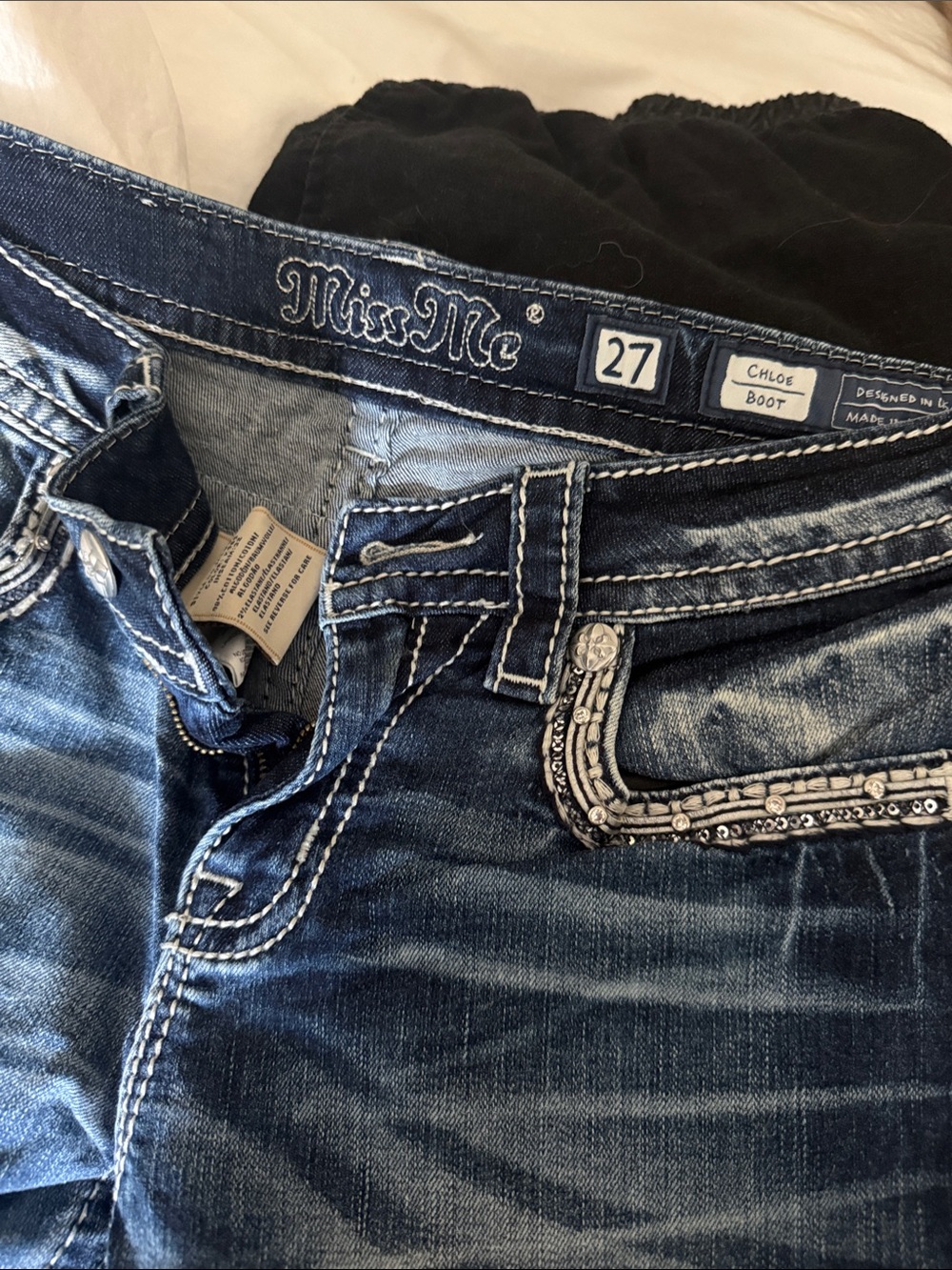 Miss Me Women’s Dark Washed Blue Bootcut Jeans with Embellished Trim